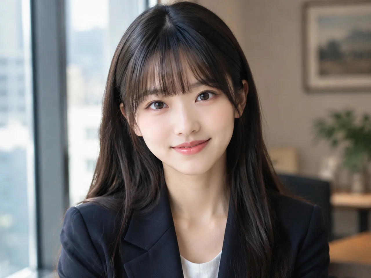 鞠婧祎动图素材 亚洲年轻女性，齐刘海，穿深色西装外套，室内近景，正面微笑，柔和光线，半身