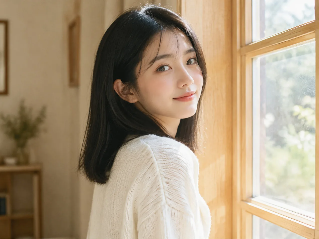 日本美女gif动图 亚洲年轻女性留着齐肩黑直发，穿白色针织开衫，站在浅木色窗边侧身回望，自然光柔和，半身近景，暖色调