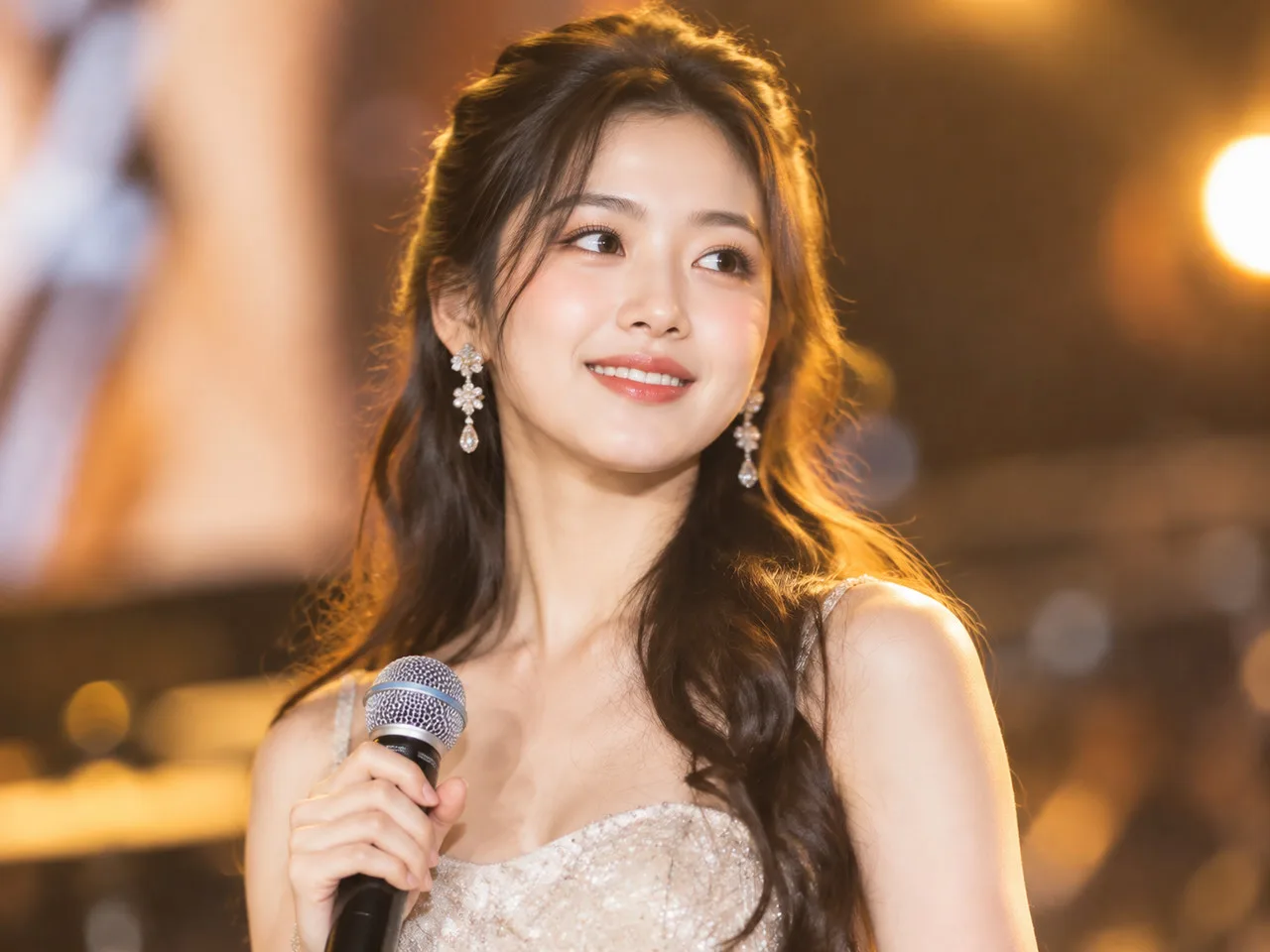 杨幂gif动图 亚洲年轻女性穿吊带长裙站在活动背景前,手扶裙侧,微微一笑,半身景,暖光,背景虚化