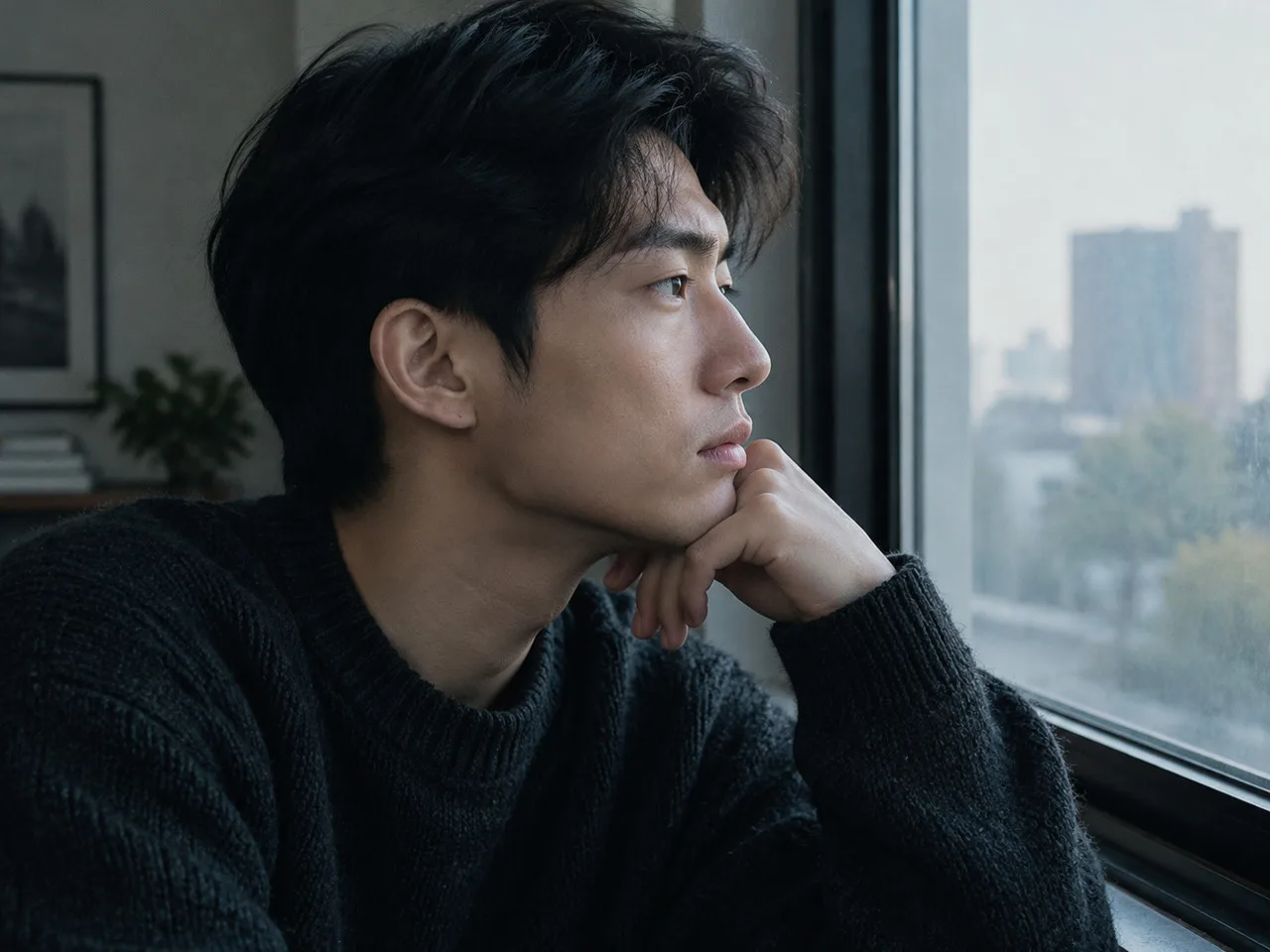唐嫣罗晋甜蜜瞬间动图 亚洲男性穿深色针织衫坐在室内窗边，侧脸望向窗外，柔和光线，近景，低饱和色调