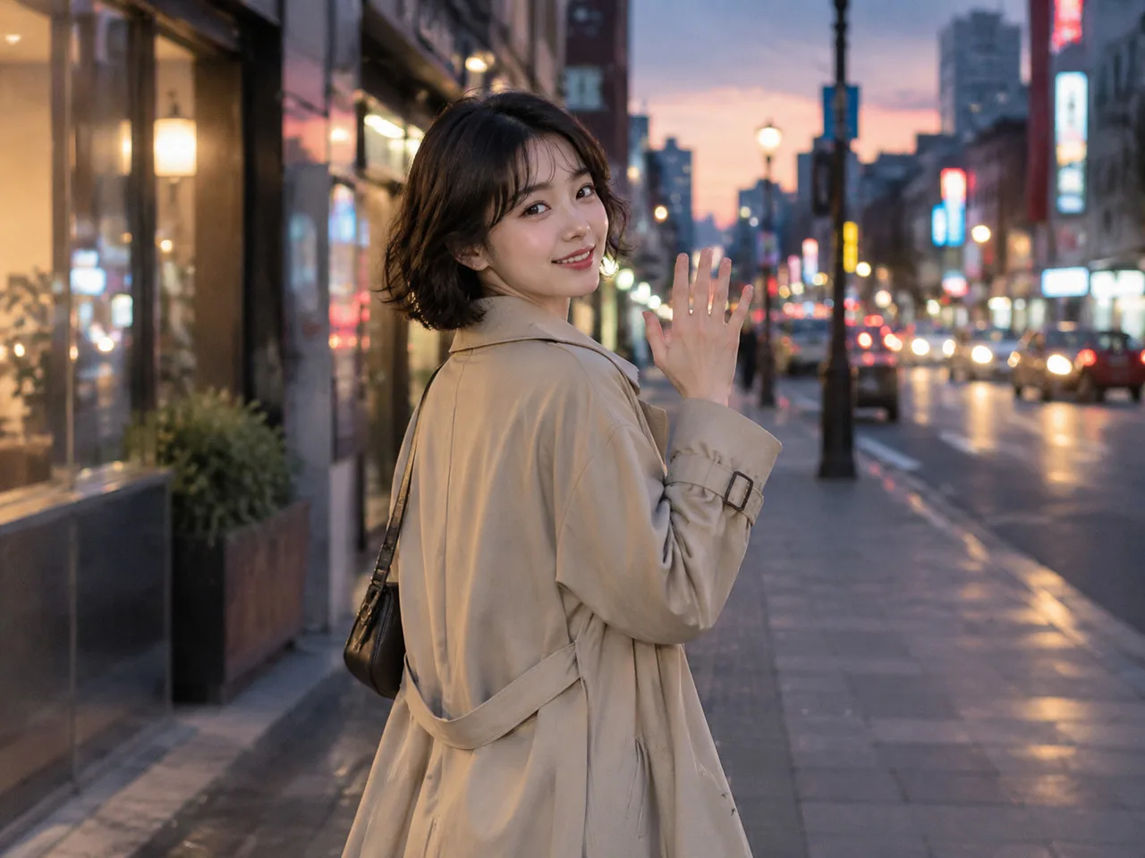 日本美女gif动图 亚洲年轻女性短发微卷，穿米色风衣，走在傍晚街道上回头挥手，背景霓虹微亮，全身偏中景，冷调偏暖