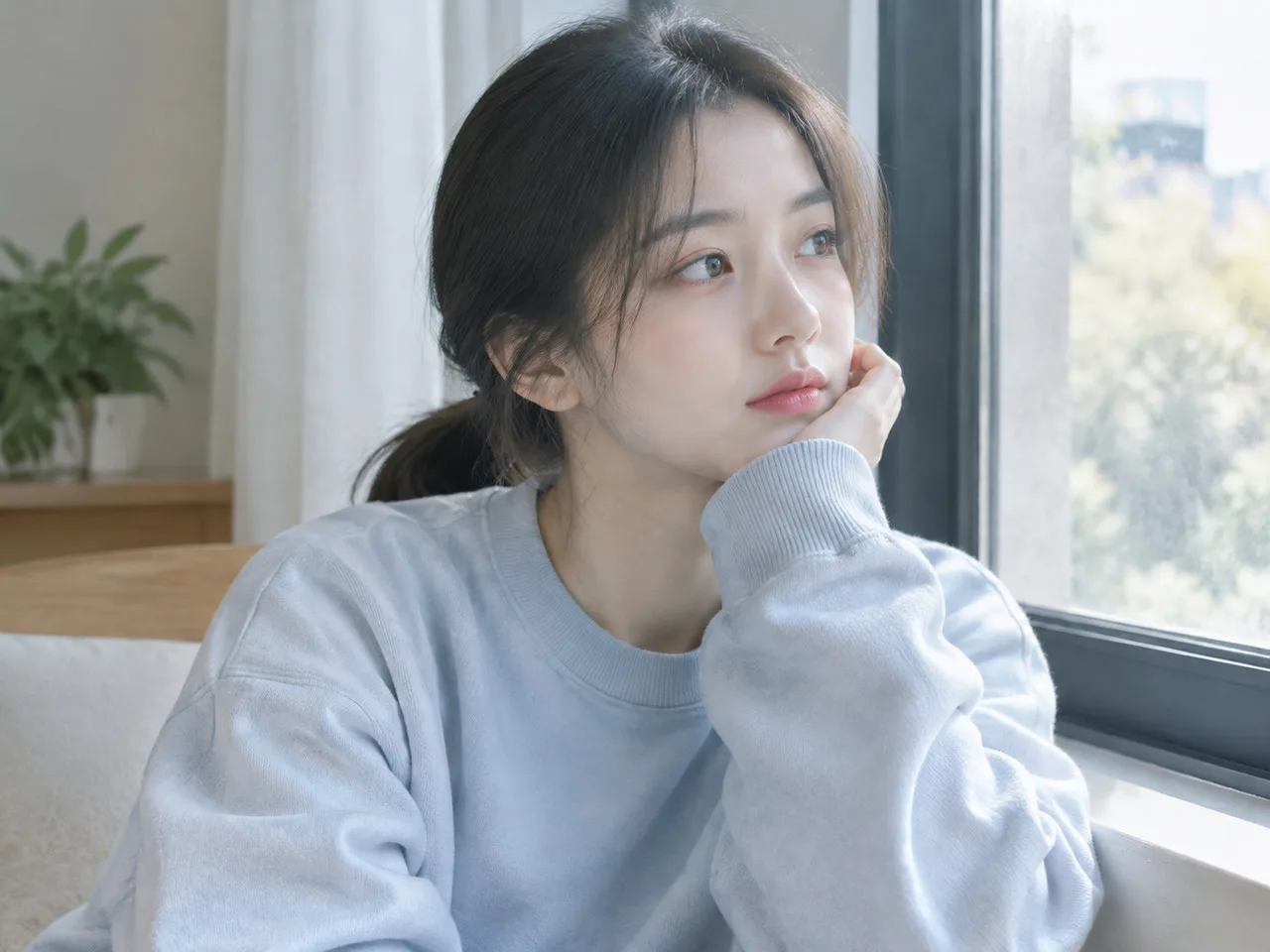 angelababy动图 亚洲年轻女艺人坐姿半身,低马尾,穿宽松卫衣,手托下巴看向一侧,室内窗边光线,清新淡雅色调