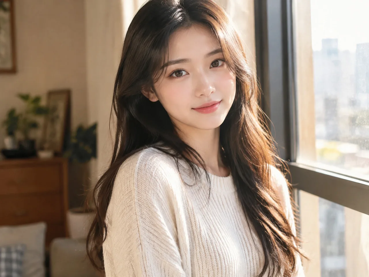鞠婧祎动图素材 亚洲年轻女性，长发披肩，穿浅色针织上衣，站在室内窗边，自然光，半身，暖色调