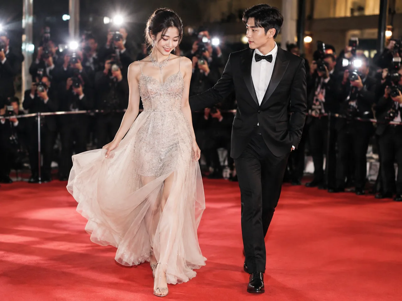 唐嫣罗晋甜蜜瞬间动图 亚洲年轻女性与亚洲男性在红毯上并肩而行，女性礼服裙摆轻扬，男性伸手轻扶，闪光灯环境，全身镜头