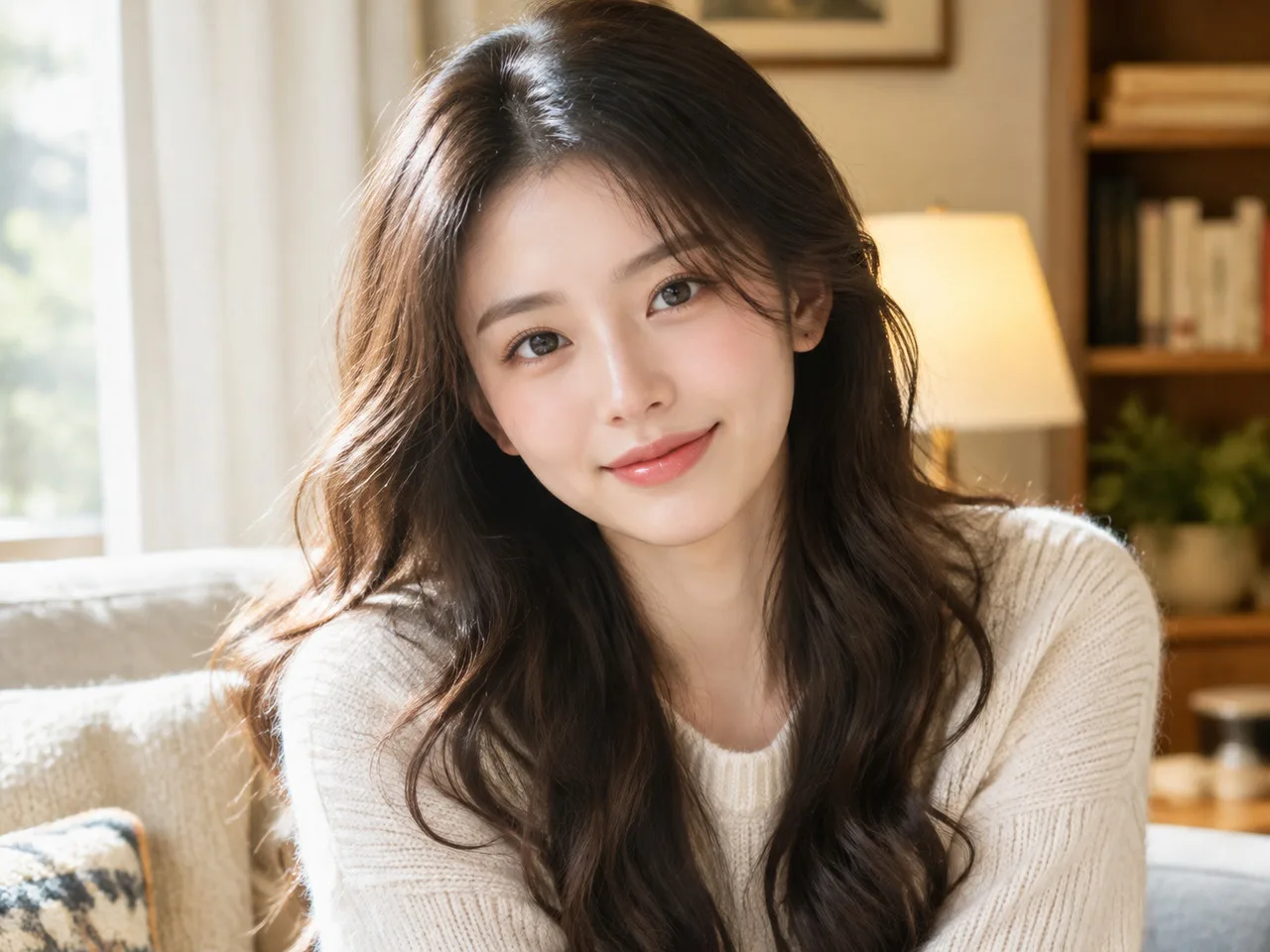 angelababy动图 亚洲年轻女艺人正面半身,长卷发披肩,穿浅色针织上衣,微笑看向镜头,室内柔和自然光,暖色调