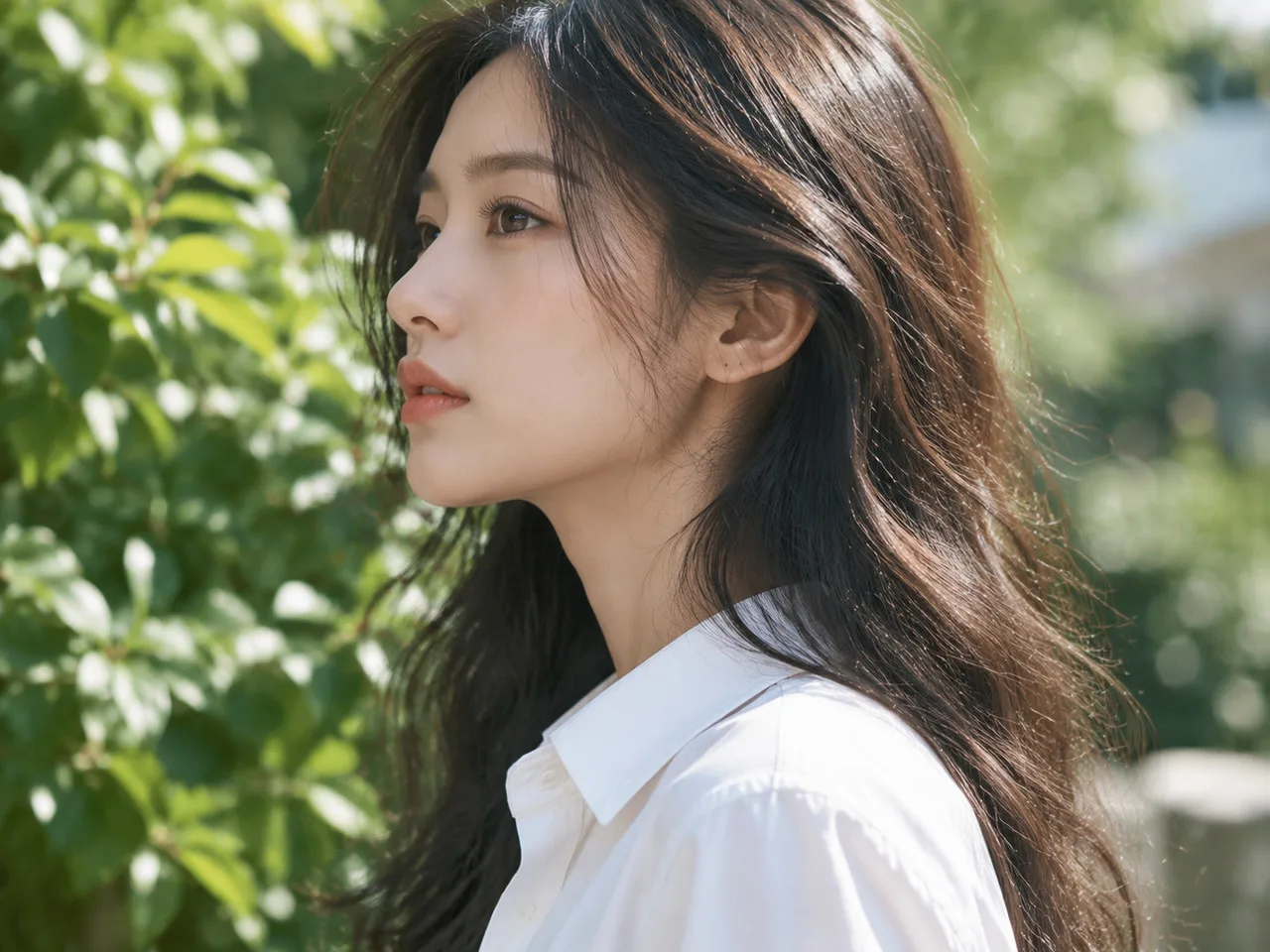 林允儿动图超清壁纸 亚洲年轻女性侧脸特写，微卷长发，穿白色衬衫，站在户外绿植前，自然光，浅景深