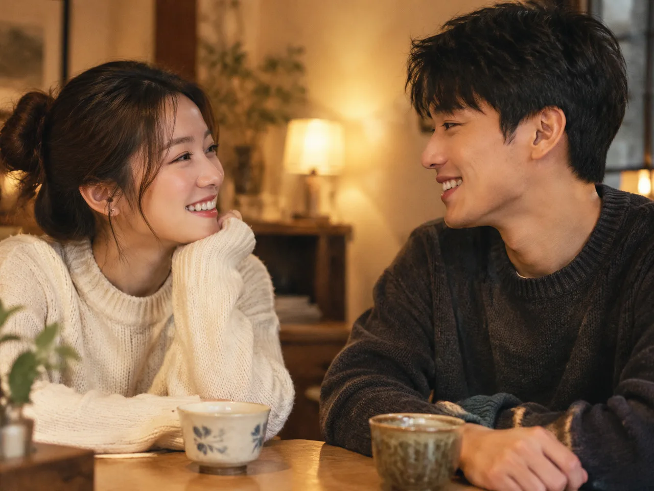 唐嫣罗晋甜蜜瞬间动图 亚洲年轻女性与亚洲男性相对而坐，桌上放着茶杯，两人同时笑起来，室内暖黄灯光，半身，生活感画面
