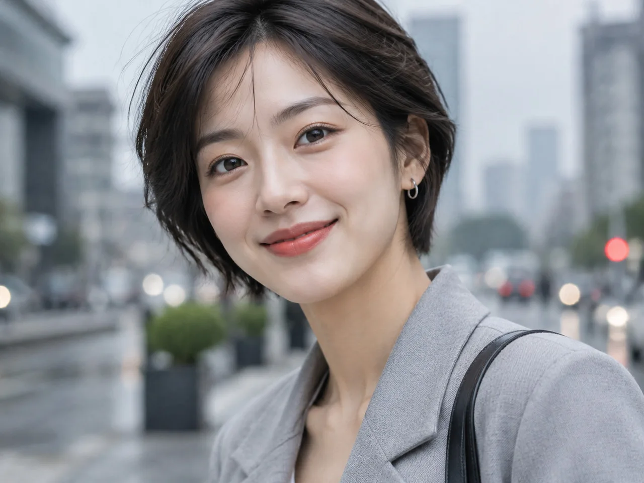 林允儿动图超清壁纸 亚洲年轻女性微笑近景，短发造型，穿浅灰西装外套，背景虚化的城市街景，阴天柔光