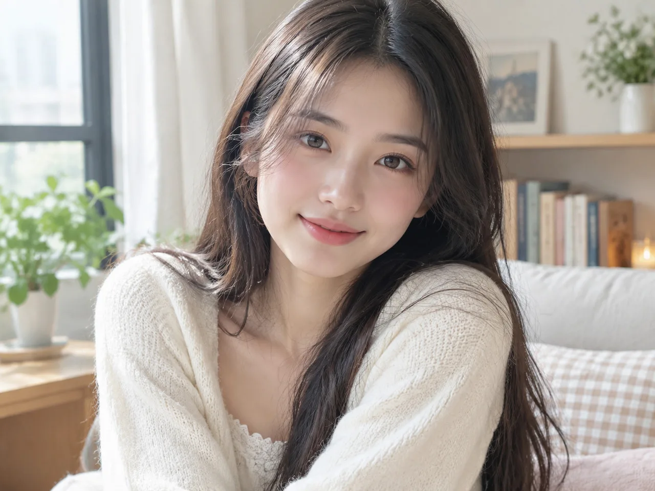 日本美女gif动图 亚洲年轻女性扎丸子头，穿条纹T恤和牛仔裤，坐在公园长椅上笑着看向镜头，绿植背景，自然光，明亮色调
