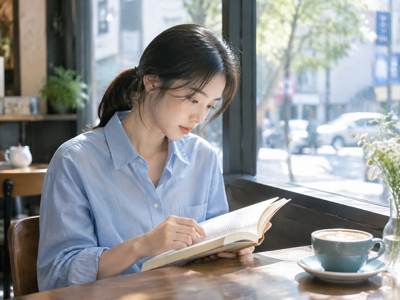 日本美女gif动图 亚洲年轻女性扎低马尾，穿浅蓝色衬衫，坐在咖啡馆靠窗位置低头翻书，窗外街景虚化，中景，日系清新色调