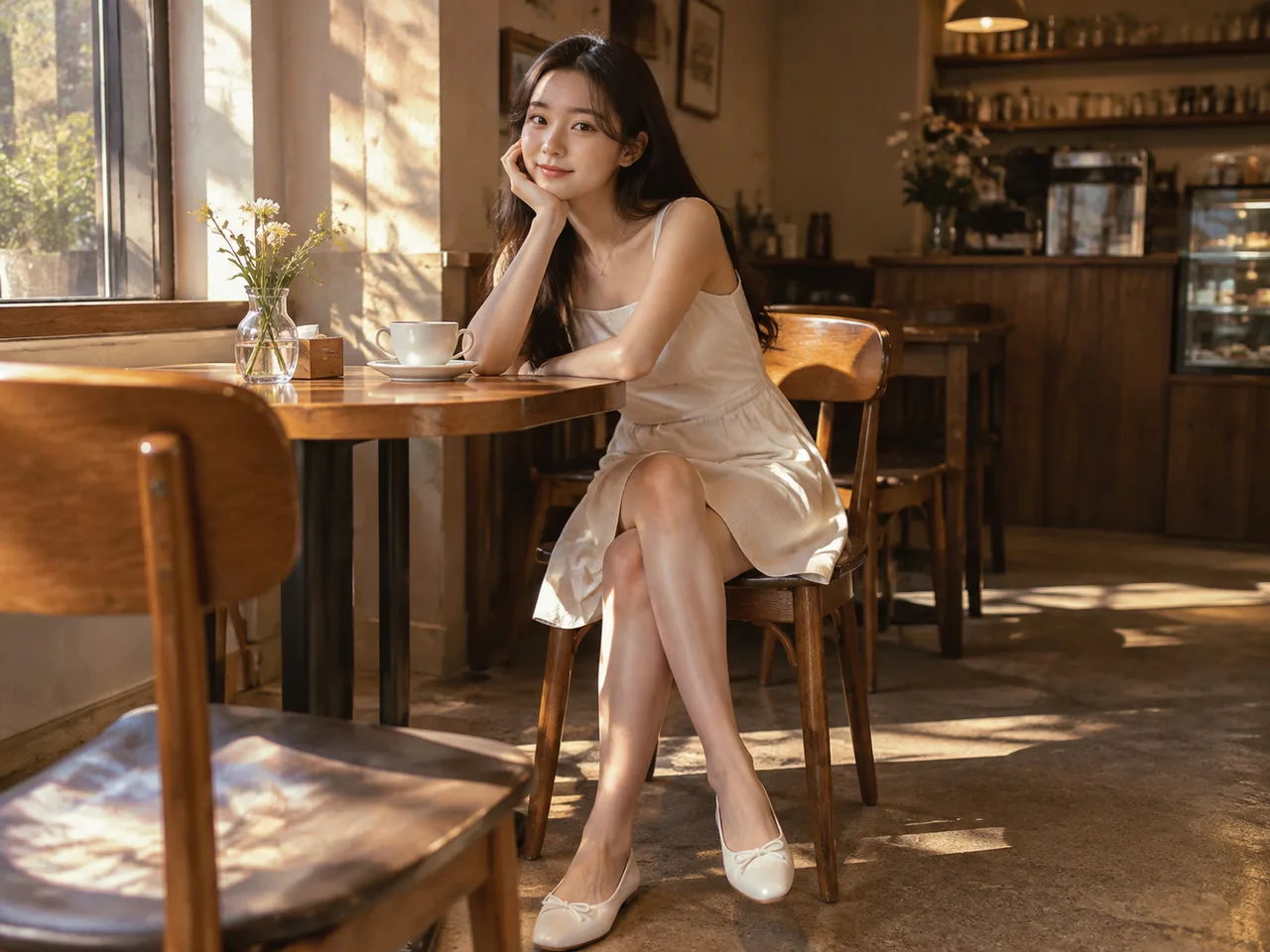 林允儿动图超清壁纸 亚洲年轻女性坐姿全身照，穿简约连衣裙，背景是咖啡馆木质桌椅，午后侧光，暖色调